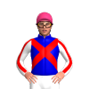 MEDIUM BLUE, RED CROSSED SASHES, WHITE SLEEVES, RED STRIPE, Pink cap