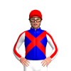 MEDIUM BLUE, RED CROSSED SASHES, WHITE SLEEVES, RED STRIPE, Red cap
