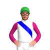 WHITE, MEDIUM BLUE RIGHT SASH, MAGENTA SLEEVES, Green cap