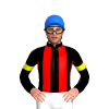 BLACK, RED STRIPES ,BLACK SLEEVES,YELLOW ARM BAND, Blue cap