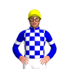 WHITE, MEDIUM BLUE CHECK, MEDIUM BLUE SLEEVES,WHITE ARMBAND, MEDIUM BLUE COLLAR, Yellow cap