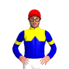 YELLOW, MEDIUM BLUE HALVES, MEDIUM BLUE DIAMOND BAND, MEDIUM BLUE SLEEVES, YELLOW ARMBANDS, Red cap