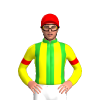 LIME GREEN,YELLOW STRIPES,YELLOW SLEEVES,RED ARMBANDS, Red cap