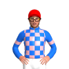 BLUE, LIGHT PINK CHECKS, BLUE SLEEVES, LIGHT PINK ARMBANDS, Red cap