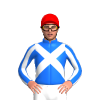 BLUE, WHITE CROSSED SASHES, SLEEVES, BLUE STRIPES, Red cap