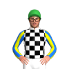 WHITE, BLACK CHECKS, YELLOW SLEEVES, BLUE STRIPES ,RED CAP,WHITE PEAK