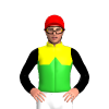 YELLOW, LIME GREEN HALVES, LIME GREEN DIAMOND BAND, BLACK SLEEVES, Red cap