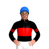 BLACK, RED BAND, BLACK SLEEVES, RED DOUBLE ARMBANDS, Blue cap