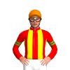 RED,YELLOW STRIPES,RED SLEEVES, LIME GREEN DOUBLE ARMBANDS, Orange cap