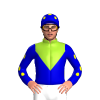MEDIUM BLUE, YELLOW GREEN BIB, COLLAR, MEDIUM BLUE SLEEVES,YELLOW SPOTS,MEDIUM BLUE CAP,YELLOW SPOTS