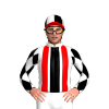 WHITE, BLACK STRIPE, RED BRACES, WHITE SLEEVES, BLACK DIAMONDS, WHITE CAP, BLACK QUARTERS, RED PEAK