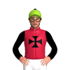 CARDINAL, BLACK MALTESE CROSS, BLACK SLEEVES, YELLOW GREEN CAP,BLACK POM POM
