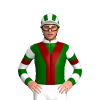 DARK GREEN, MAROON VEE, STRIPE, DARK GREEN YOKE, DARK GREEN SLEEVES, WHITE HOOPS, MAROON ARMBANDS, WHITE CAP, DARK GREEN STRIPES,WHITE COLLAR