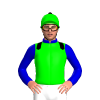 LIME, BLACK EPAULETTES,MEDIUM BLUE SLEEVES, COLLAR, BLACK POM POM