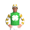 GREEN, WHITE FOUR LEAF CLOVER, WHITE SLEEVES, GOLD HOOPS, WHITE CAP, GOLD STRIPES