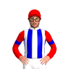 WHITE, MEDIUM BLUE STRIPES, RED SLEEVES , MEDIUM BLUE ARMBANDS, Red cap