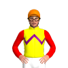 YELLOW, PURPLE ZIGZAG CHEVRON , RED SLEEVES, Orange cap