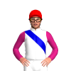 WHITE, MEDIUM BLUE RIGHT SASH, MAGENTA SLEEVES, Red cap