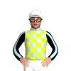 LIGHT BLUE, YELLOW CHECKS ,BLACK SLEEVES, LIGHT BLUE STRIPE, White cap