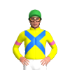 YELLOW, BLUE CROSSED SASHES, YELLOW SLEEVES, HOT PINK ARMBAND, Green cap