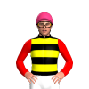 BLACK,YELLOW HOOPS,RED SLEEVES, Pink cap