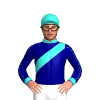 NAVY, TURQUOISE SASH, COLLAR, SEAMS SLEEVES, CUFFS, CAP