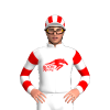 WHITE, RED BOOMRACING, WHITE SLEEVES, RED HOOPS, WHITE CAP, RED STRIPES