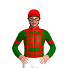 RED , DARK GREEN TARTAN,SLEEVES WITH RED ARMBAND, RED CAP.
