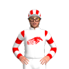 WHITE, RED BOOMRACING, RED SLEEVES, WHITE HOOPS, WHITE CAP, RED STRIPES