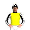 YELLOW,BLACK SLEEVES, WHITE STRIPES, CHECKS CAP, BLACK COLLAR, GOLD POM POM