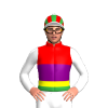 RED, PURPLE HALVED, YELLOW AND GREEN BAND,WHITE SLEEVES, GREEN CAP, RED STRIPES, BLUE PEAK,WHITE POM POM