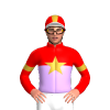 RED, MAUVE HALVED, GOLD STAR, RED SLEEVES, GOLD ARMBAND, STRIPE CAP,WHITE PEAK