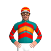 TEAL,RED CHEVRONS,ORANGE CHEVRON, TEAL SLEEVES,RED CHEVRONS,ORANGE DOUBLE CHEVRONS,RED CAP,ORANGE HOOPS, TEAL SPOT , WHITE PEAK