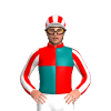 RED, TEAL QUARTERS, RED SLEEVES, WHITE STRIPES, WHITE CAP, RED STRIPES, WHITE PEAK