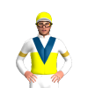 WHITE, YELLOW HALVED, INDIGO VEE, WHITE SLEEVES, GOLD ARMBAND, YELLOW CAP, INDIGO ZIGZAG CHEVRON, WHITE PEAK