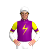 PURPLE, YELLOW LIGHTNING BOLT, YELLOW, WHITE HALVED SLEEVES, PURPLE ARMBANDS, WHITE CAP, PURPLE CIRCLE CAP