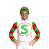 White, Green S And Red T Conjoined In Circle, Green And Red Hooped Sleeves And Cap