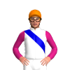 WHITE, MEDIUM BLUE RIGHT SASH, MAGENTA SLEEVES, Orange cap