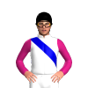 WHITE, MEDIUM BLUE RIGHT SASH, MAGENTA SLEEVES, Black cap