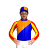 MEDIUM BLUE, ORANGE DIAGONAL HALVES, MEDIUM BLUE COLLAR, YELLOW SLEEVES, RED STRIPES SLEEVES, MEDIUM BLUE, ORANGE QUARTERS CAP