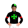 BLACK, LIME GEEN MALTESE CROSS, RED ARMBANDS, BLACK CAP, LIME GREEN QUARTERS