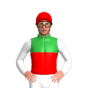 Bottle Green, Deep Red Halves, White Vees Sleeves, Deep Red Disc Cap, White Pom Pom