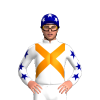 WHITE, TANGERINE CROSSED SASHES, WHITE SLEEVES, DARK BLUE STARS AND CAP WITH WHITE STARS