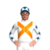 WHITE , ORANGE CROSSED SASH ,WHITE SLEEVES , INDIGO STARS SLEEVES ,INDIGO CAP, WHITE DIAMONDSCAP