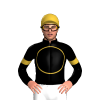 BLACK, GOLD CIRCLE, BLACK SLEEVES, GOLD ARMBANDS, CAP