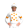 WHITE, ORANGE SPOTS , WHITE SLEEVES, ORANGE ARMBANDS, WHITE CAP WITH ORANGE POM POM