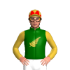 DARK GREEN, GOLD FERNLEAF, GOLD SLEEVES, RED DIAMOND ARMBANDS,GOLD CAP,RED DIAMONDS 