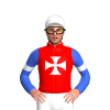 RED, WHITE MALTESE CROSS, ROYAL BLUE SLEEVES, WHITE ARMBANDS & CAP