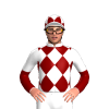 WHITE, 4 MAROON DIAMONDS, MAROON & WHITE HALVED SLEEVES, WHITE CAP WITH MAROON DIAMONDS