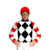 BLACK,WHITE DIAMOND CHECKS,RED SLEEVES,WHITE HOOPS,RED CAP